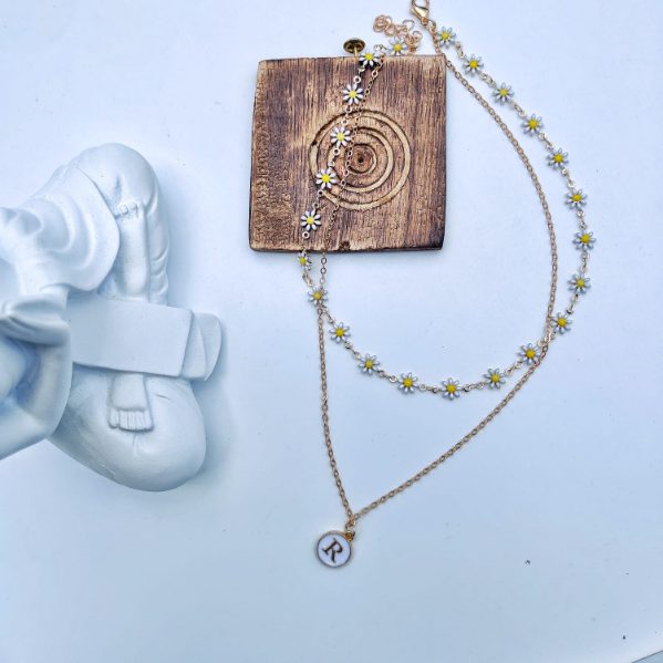 Personalised Initial White Sun Flower Charm Two Layer Pendant Choker Necklace