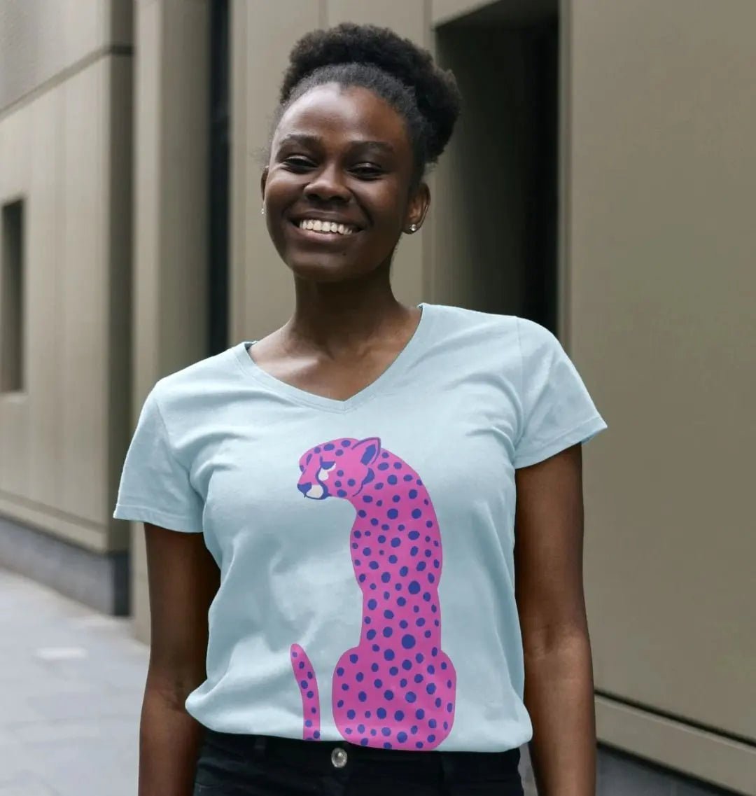 Pink Cheetah V Neck Organic Cotton T-shirt