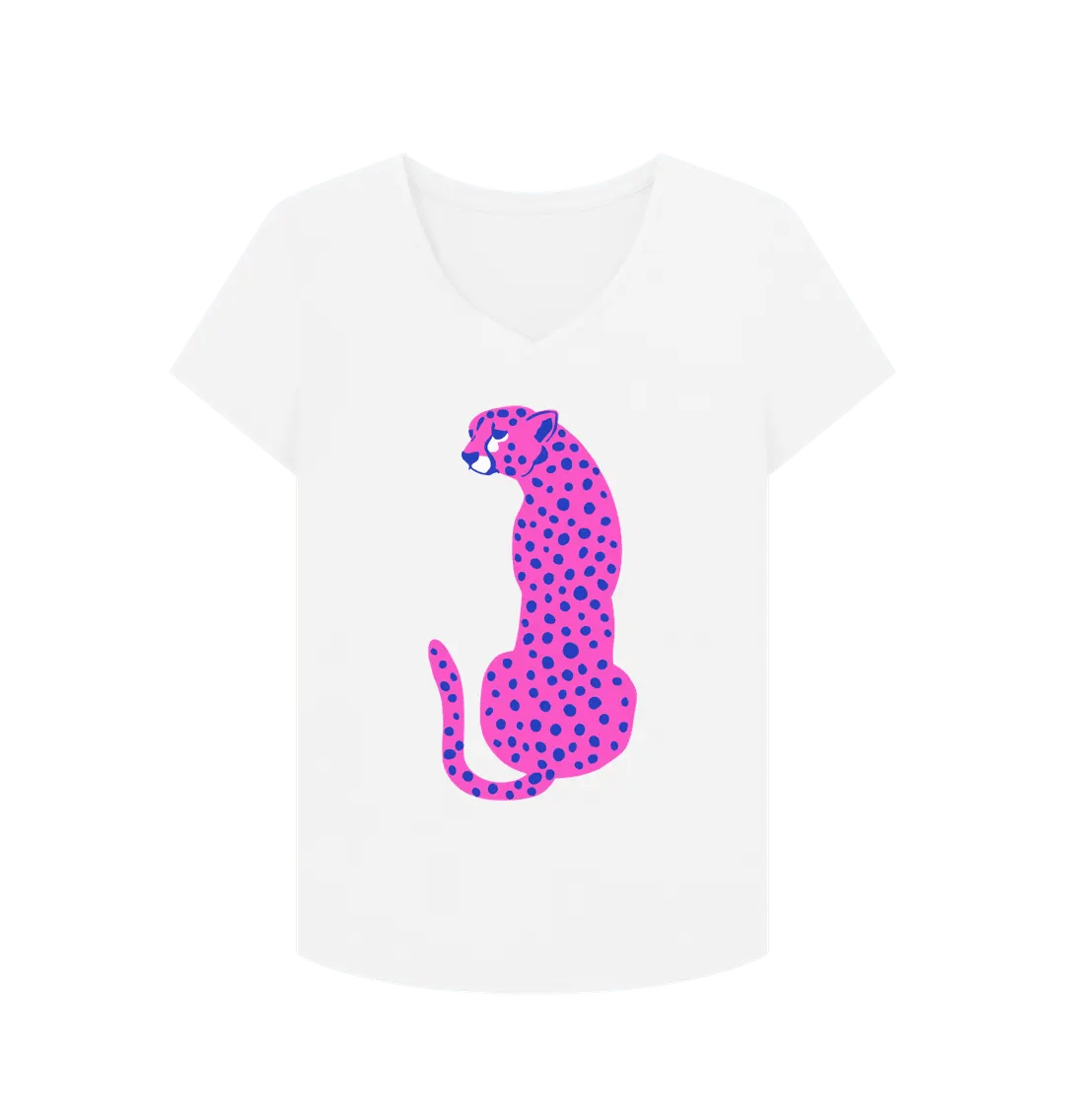 Pink Cheetah V Neck Organic Cotton T-shirt White 8