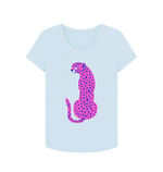 Pink Cheetah V Neck Organic Cotton T-shirt Sky Blue