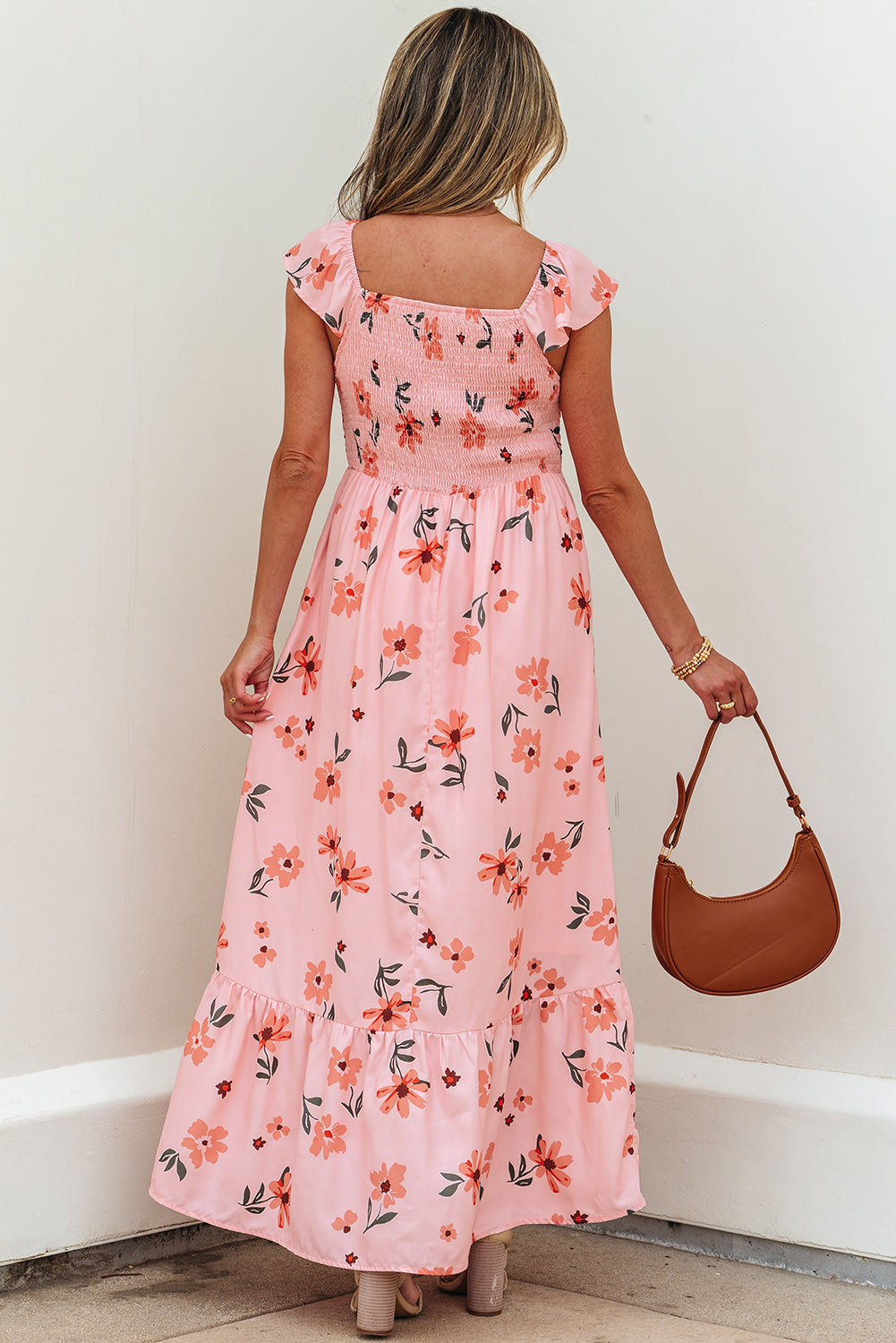 Pink Floral V-Neck Smocked High Waist Ruffle Hem Maxi Dress