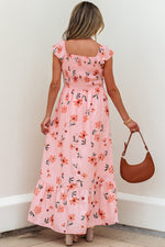 Pink Floral V-Neck Smocked High Waist Ruffle Hem Maxi Dress