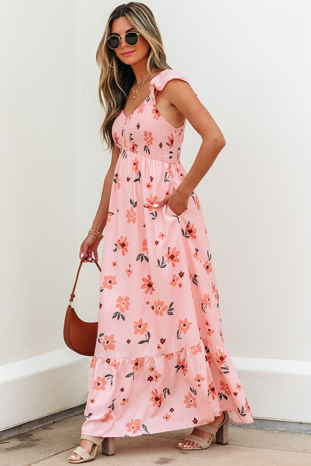 Pink Floral V-Neck Smocked High Waist Ruffle Hem Maxi Dress