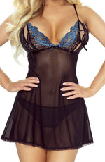 Provocative Black & Sapphire Lace Babydoll & Thong Set