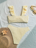 Pretty Pale Yellow Textured Bow Front Two Piece Bikini Set