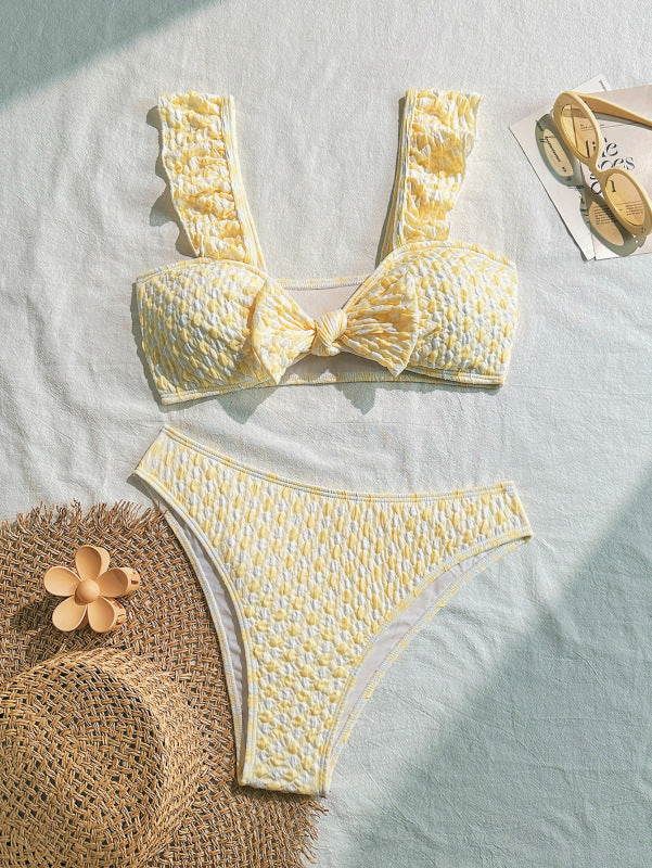 Pretty Pale Yellow Textured Bow Front Two Piece Bikini Set