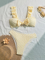 Pretty Pale Yellow Textured Bow Front Two Piece Bikini Set