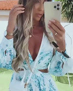 Elegant Women's Cut-out V-neck Long-sleeved Spring Summer Print V-neck Chiffon Maxi Dress