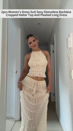 Sexy Sleeveless Backless Cropped Halter Top Pleated Long Skirt & Top Co-ord Set