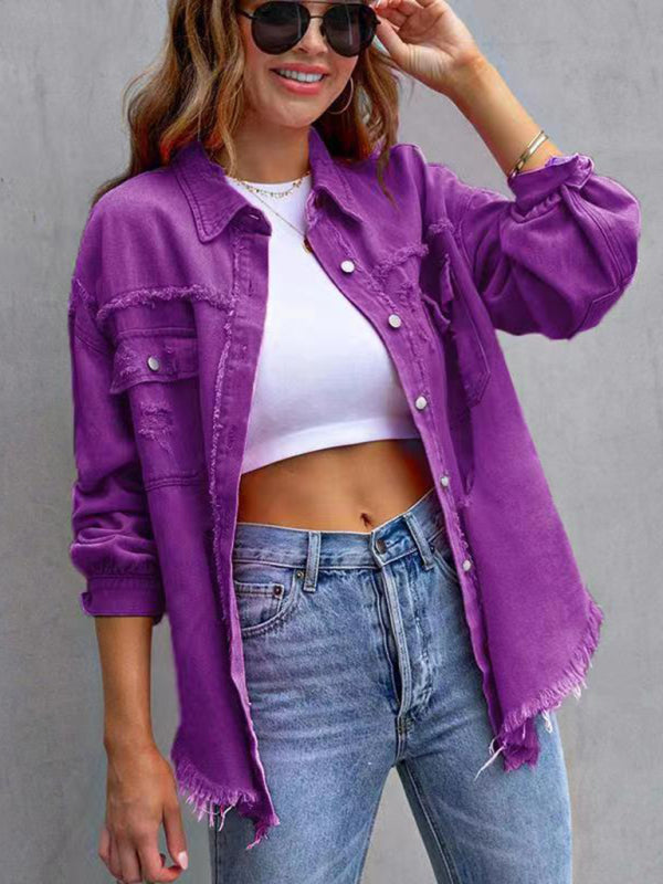 Raw Edge Ripped Denim Casual Jacket Dark purple