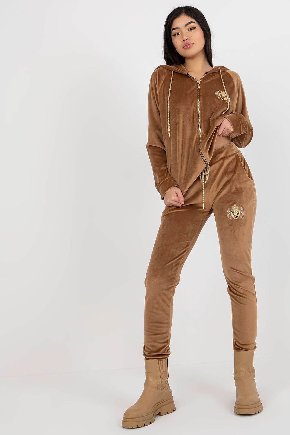 Relevance Ladies’ Velour Loungewear Set with Embroidered Sweatshirt and Tie-Waist Pants brown S M