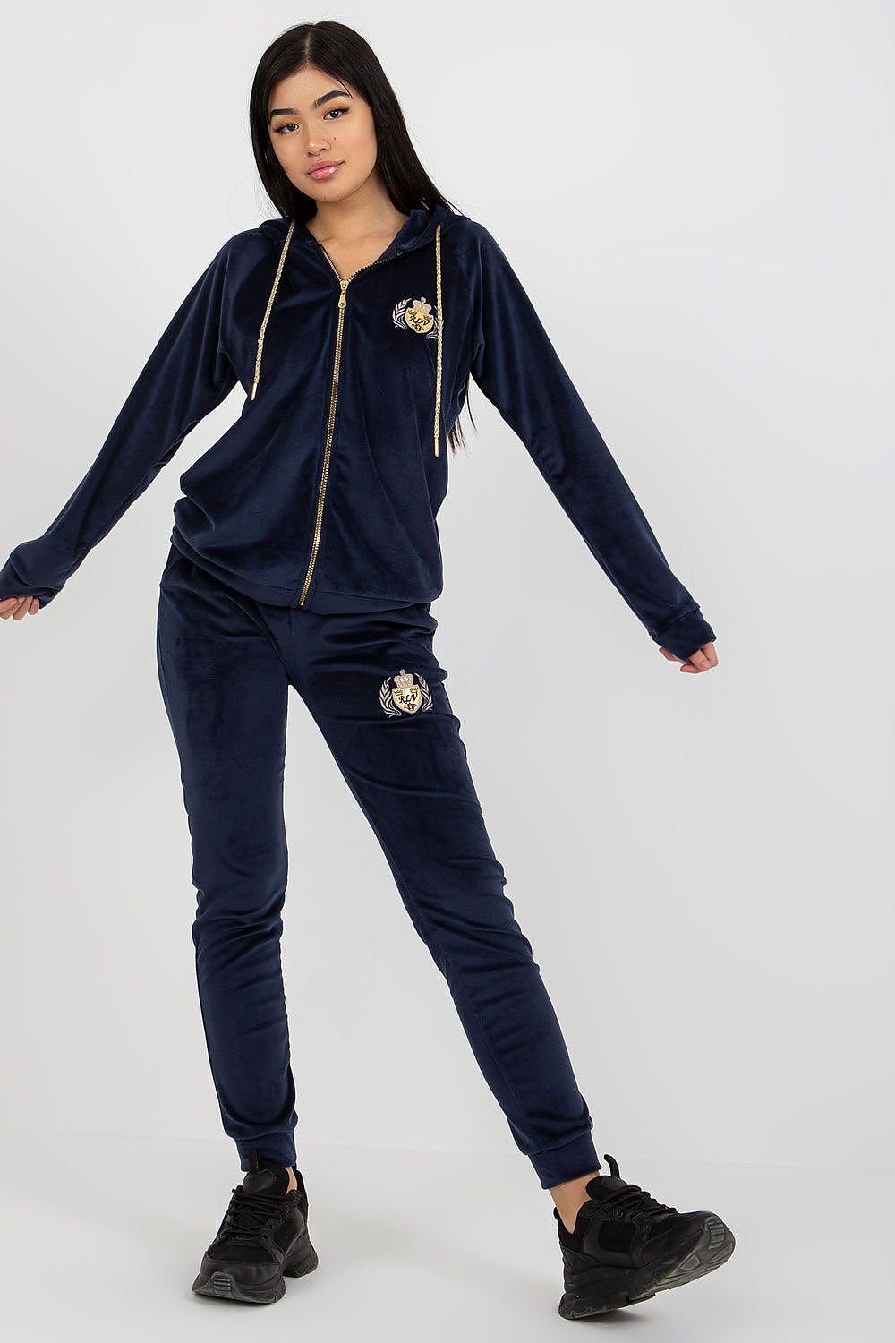 Relevance Ladies’ Velour Loungewear Set with Embroidered Sweatshirt and Tie-Waist Pants navy blue S M