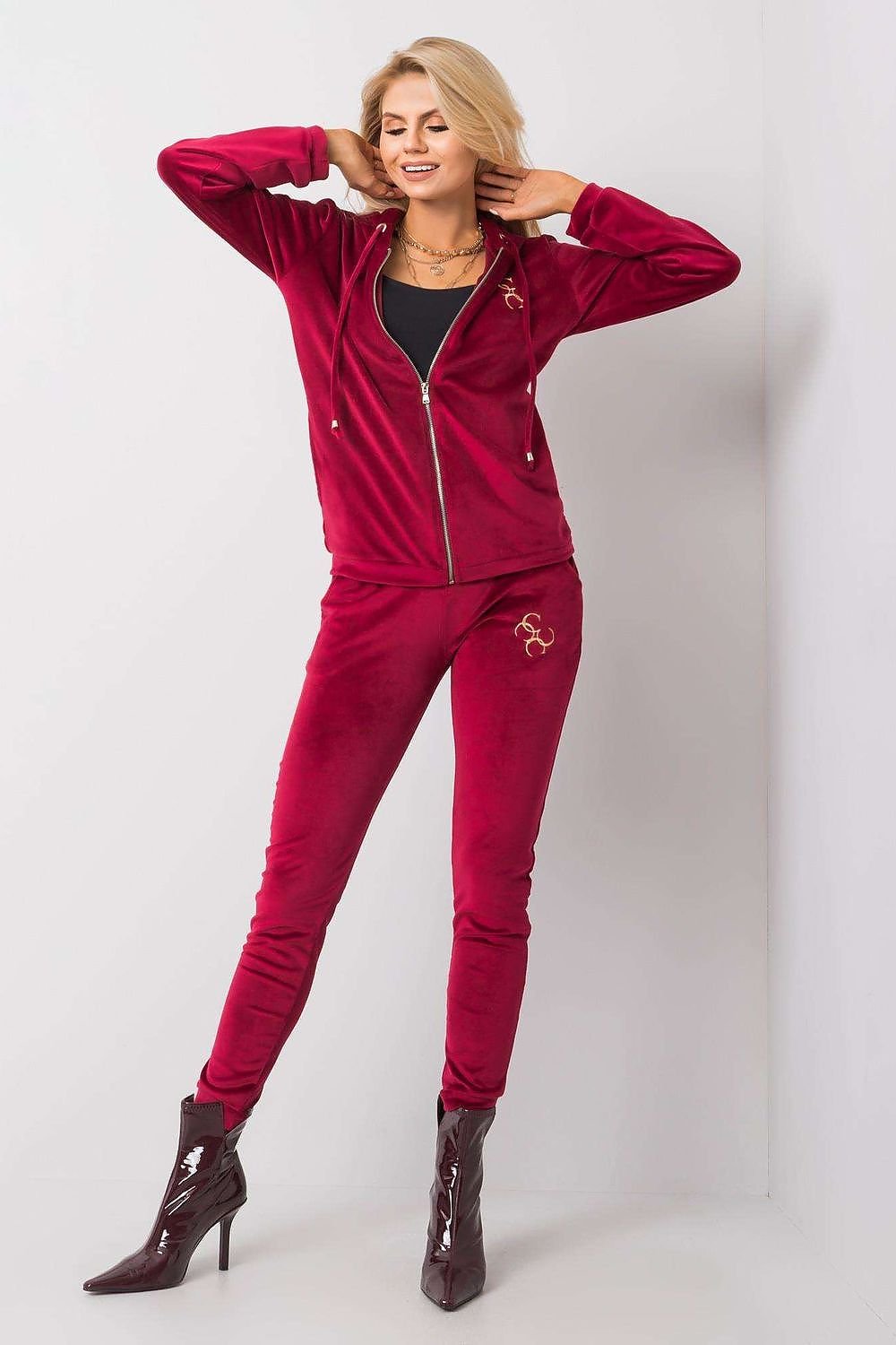 Relevance Velour Loungewear Set with Zip-Up Sweatshirt and Tie-Waist Pants red S M