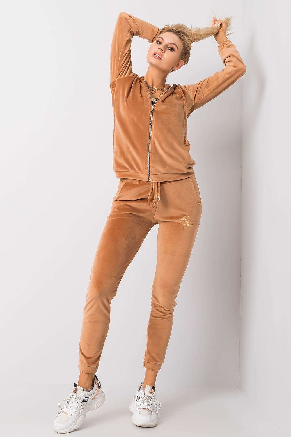Relevance Velour Loungewear Set with Zip-Up Sweatshirt and Tie-Waist Pants brown S M