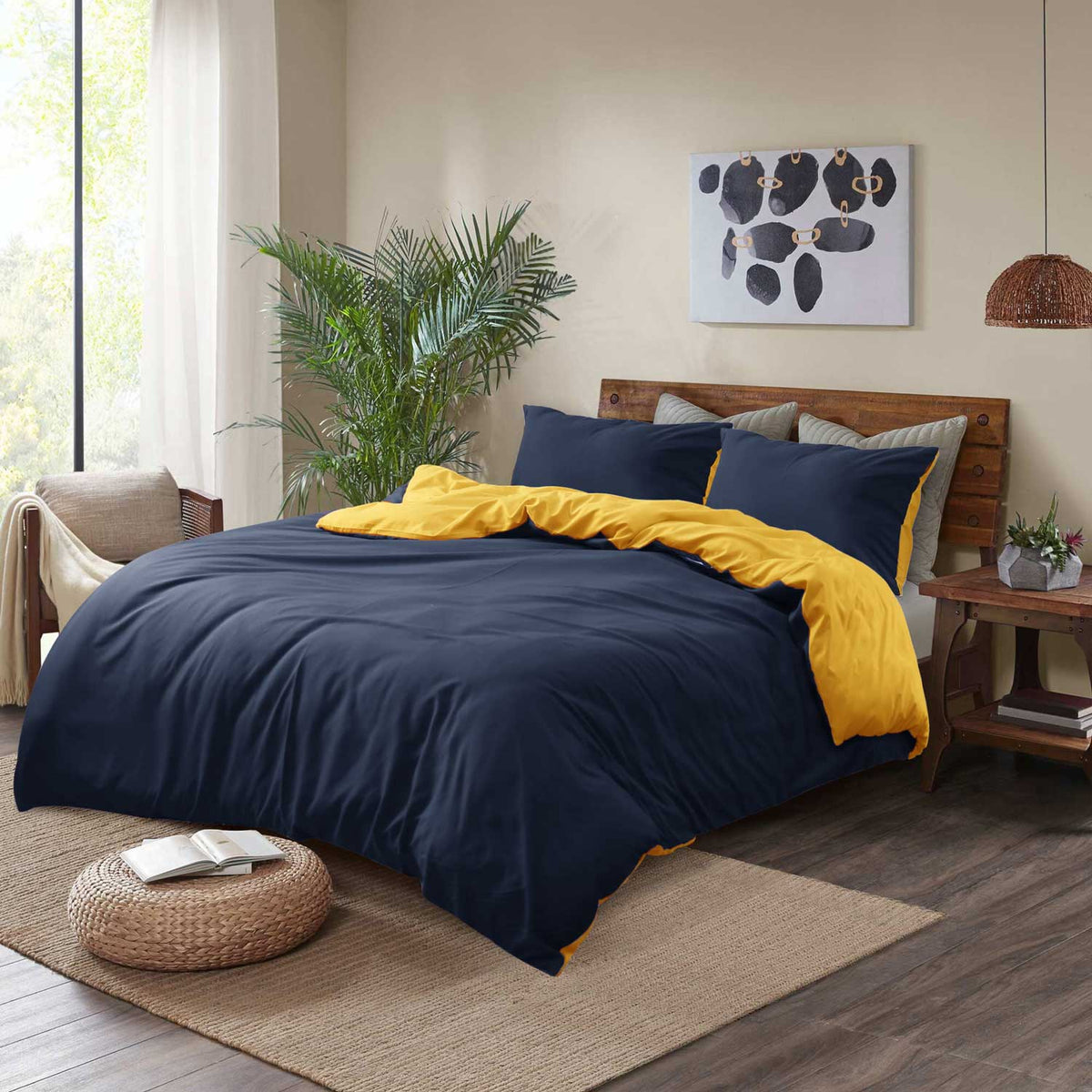 Reversible Duvet Cover Set Navy & Ochre