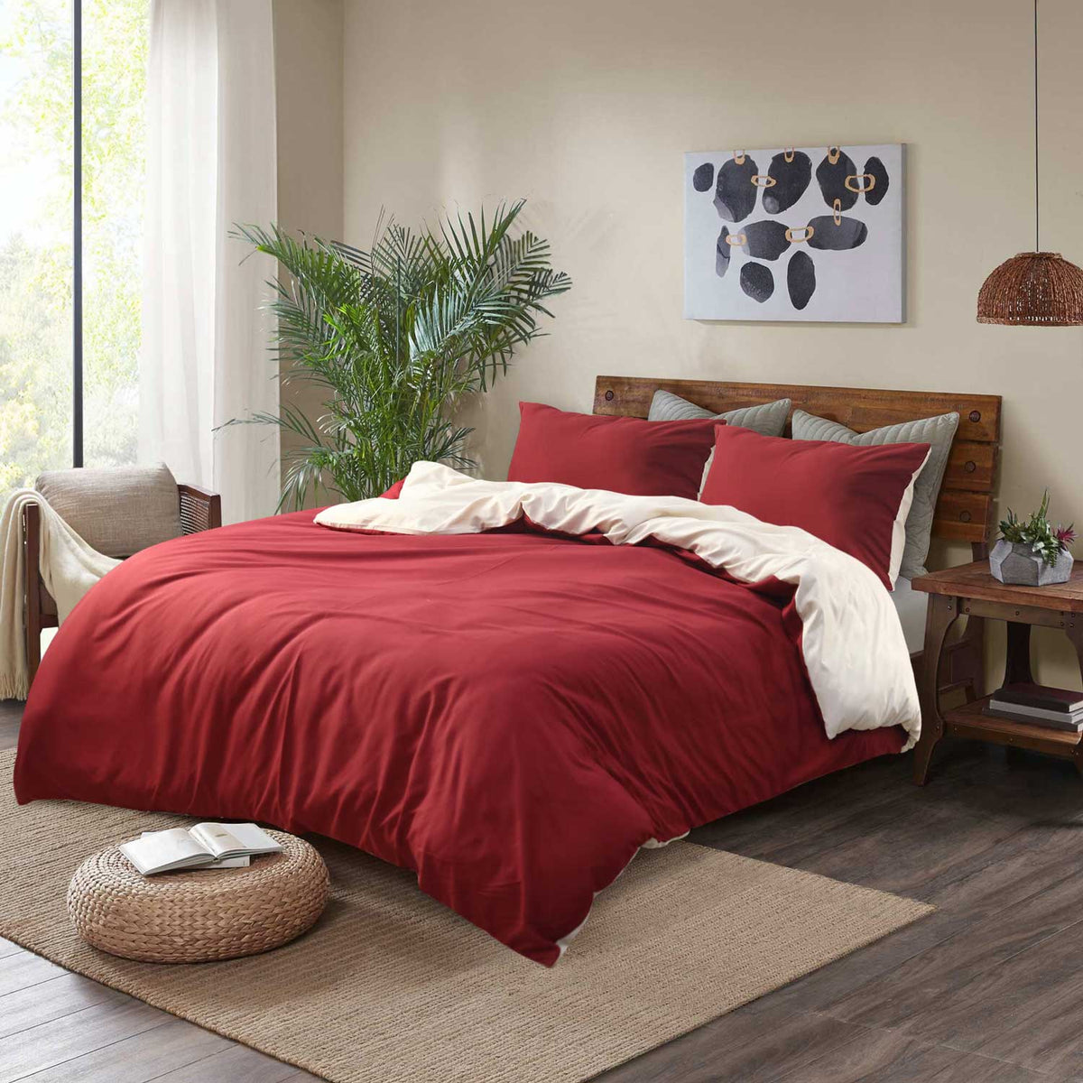Reversible Duvet Cover Set Burgundy & Beige