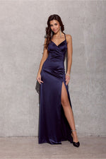 Roco Fashion Alessandra Navy Blue Satin Wrap Long Dress