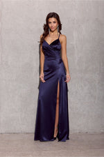 Roco Fashion Alessandra Navy Blue Satin Wrap Long Dress