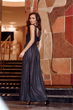 Roco Fashion Brocade Maxi Dress with Tie Back and Envelope Neckline