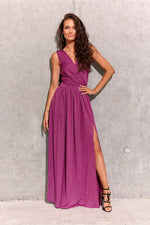 Roco Fashion Brocade Maxi Dress with Tie Back and Envelope Neckline violet