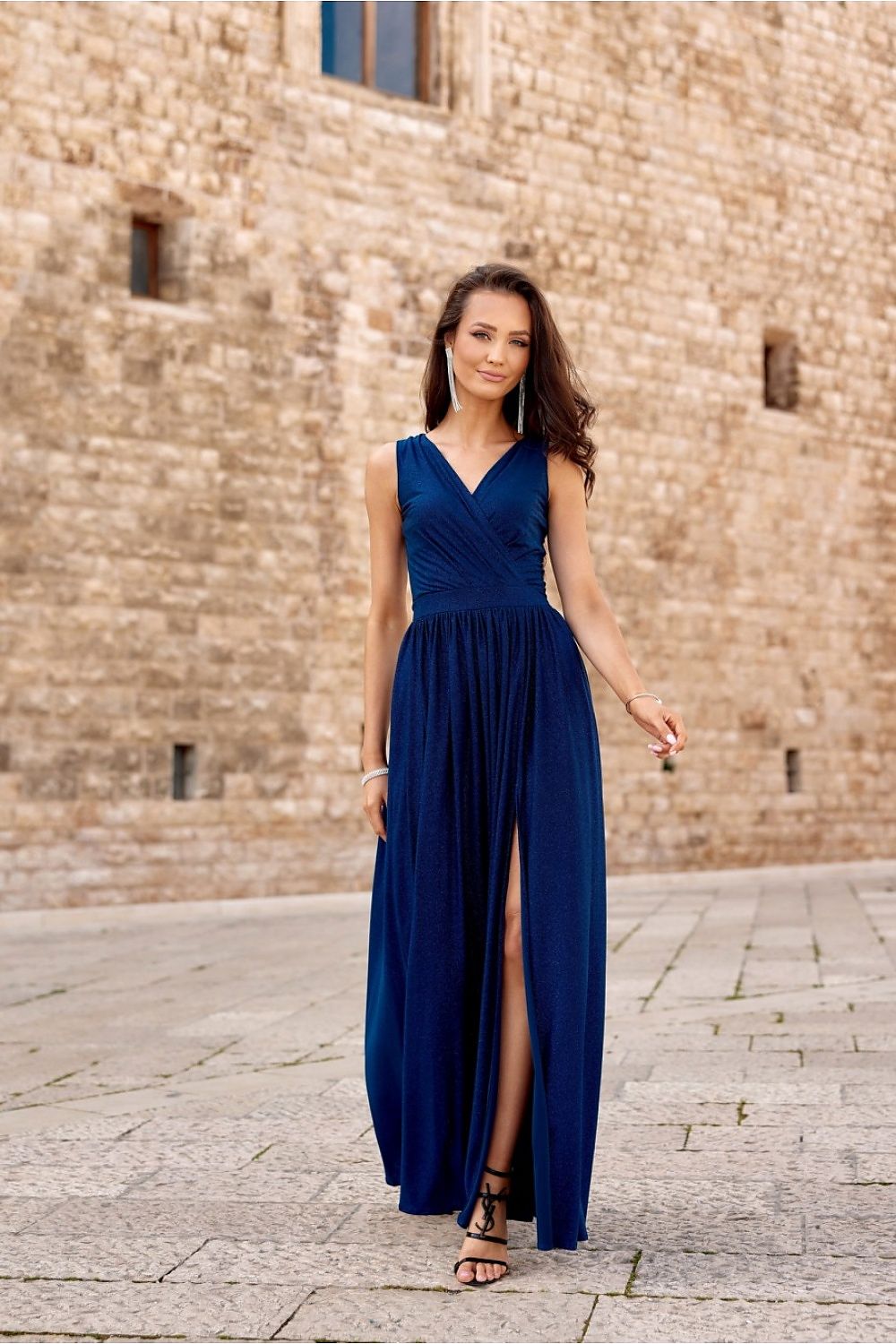 Roco Fashion Brocade Maxi Dress with Tie Back and Envelope Neckline navy blue