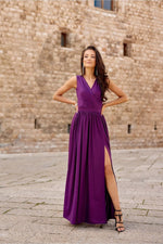 Roco Fashion Brocade Maxi Dress with Tie Back and Envelope Neckline violet 2