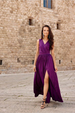 Roco Fashion Brocade Maxi Dress with Tie Back and Envelope Neckline