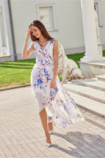 Roco Fashion Chiffon Floral Maxi Cocktail Dress with Envelope Neckline