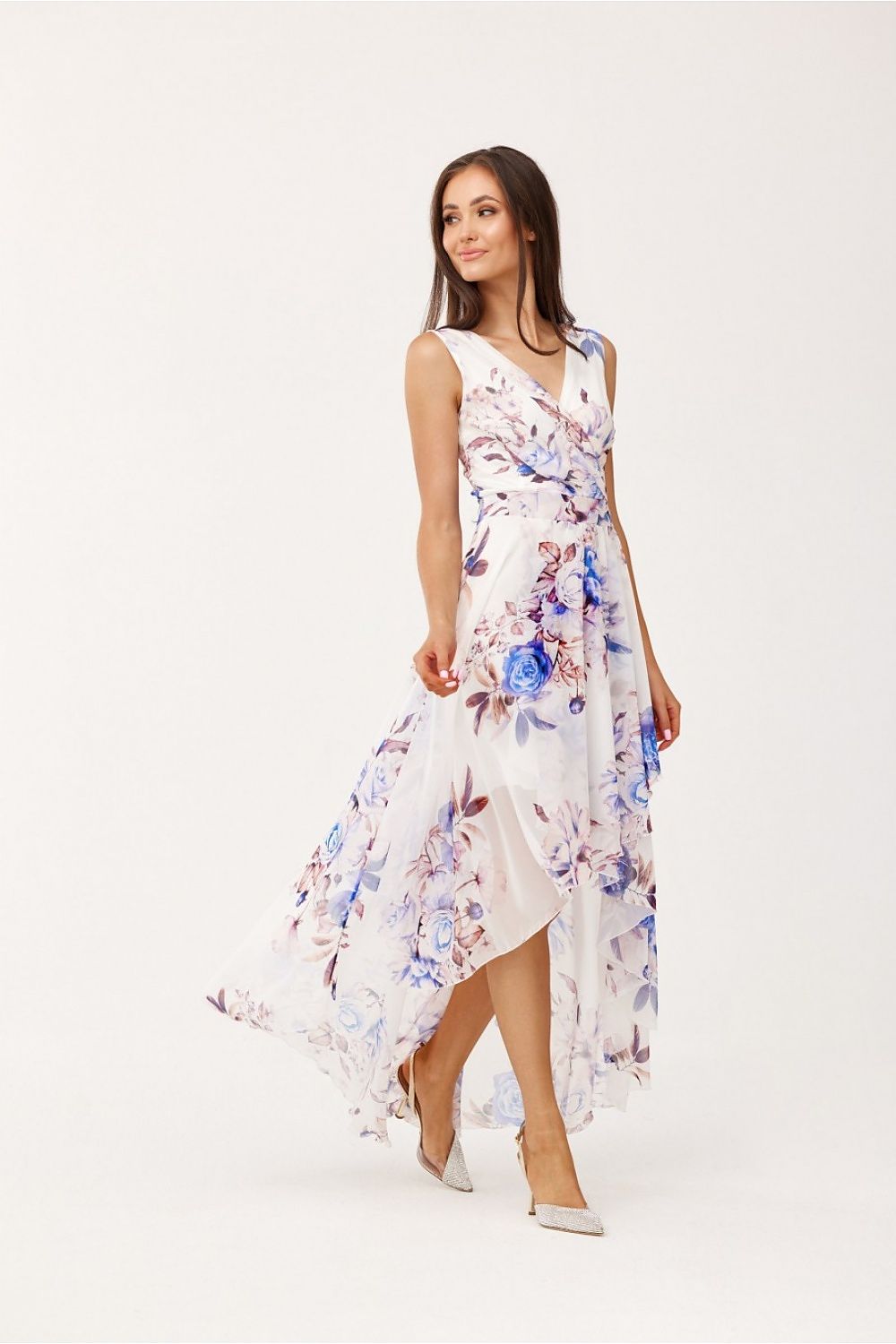 Roco Fashion Chiffon Floral Maxi Cocktail Dress with Envelope Neckline