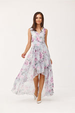 Roco Fashion Chiffon Floral Maxi Cocktail Dress with Envelope Neckline grey