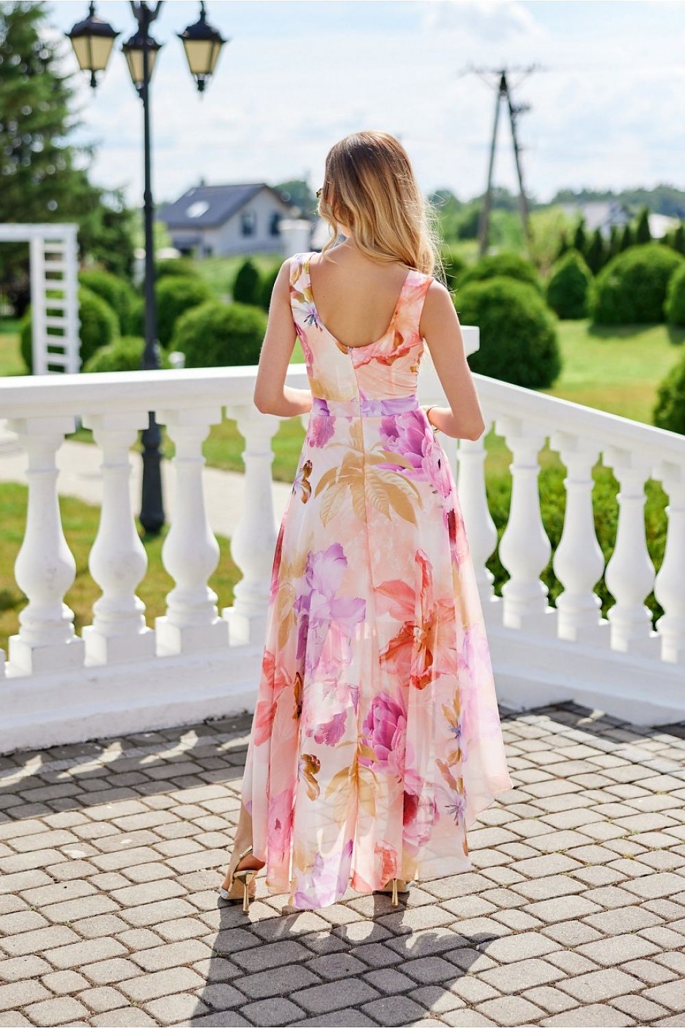 Roco Fashion Chiffon Floral Maxi Cocktail Dress with Envelope Neckline