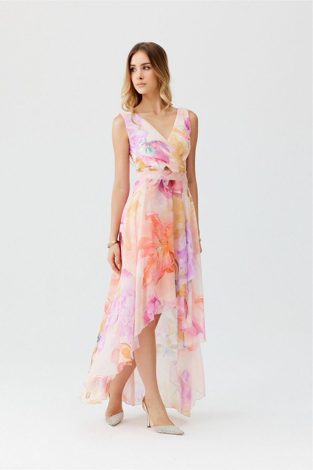 Roco Fashion Chiffon Floral Maxi Cocktail Dress with Envelope Neckline