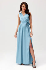 Roco Fashion Paloma Satin Maxi Cocktail Dress with Back Cutout blue