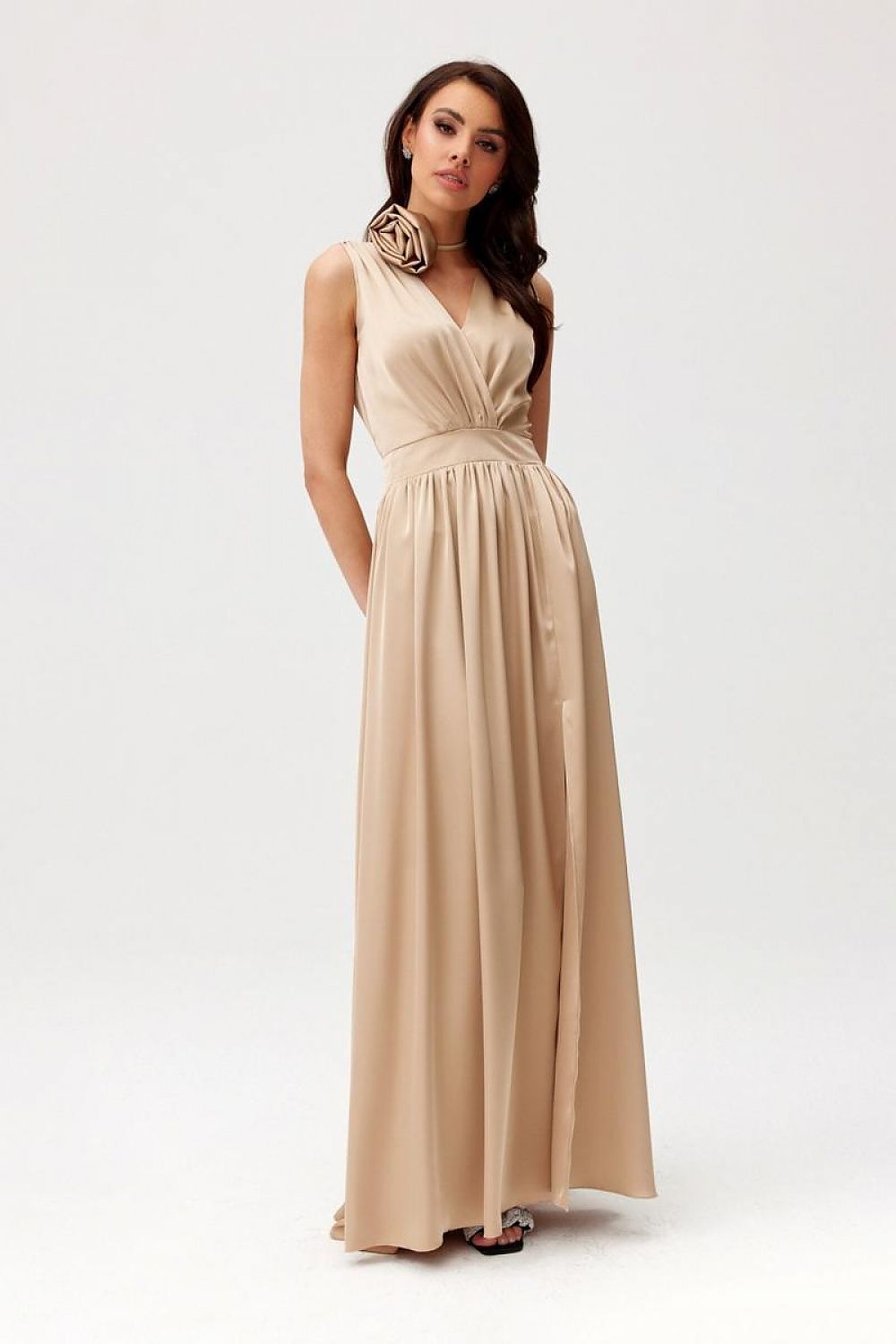 Roco Fashion Paloma Satin Maxi Cocktail Dress with Back Cutout beige 2