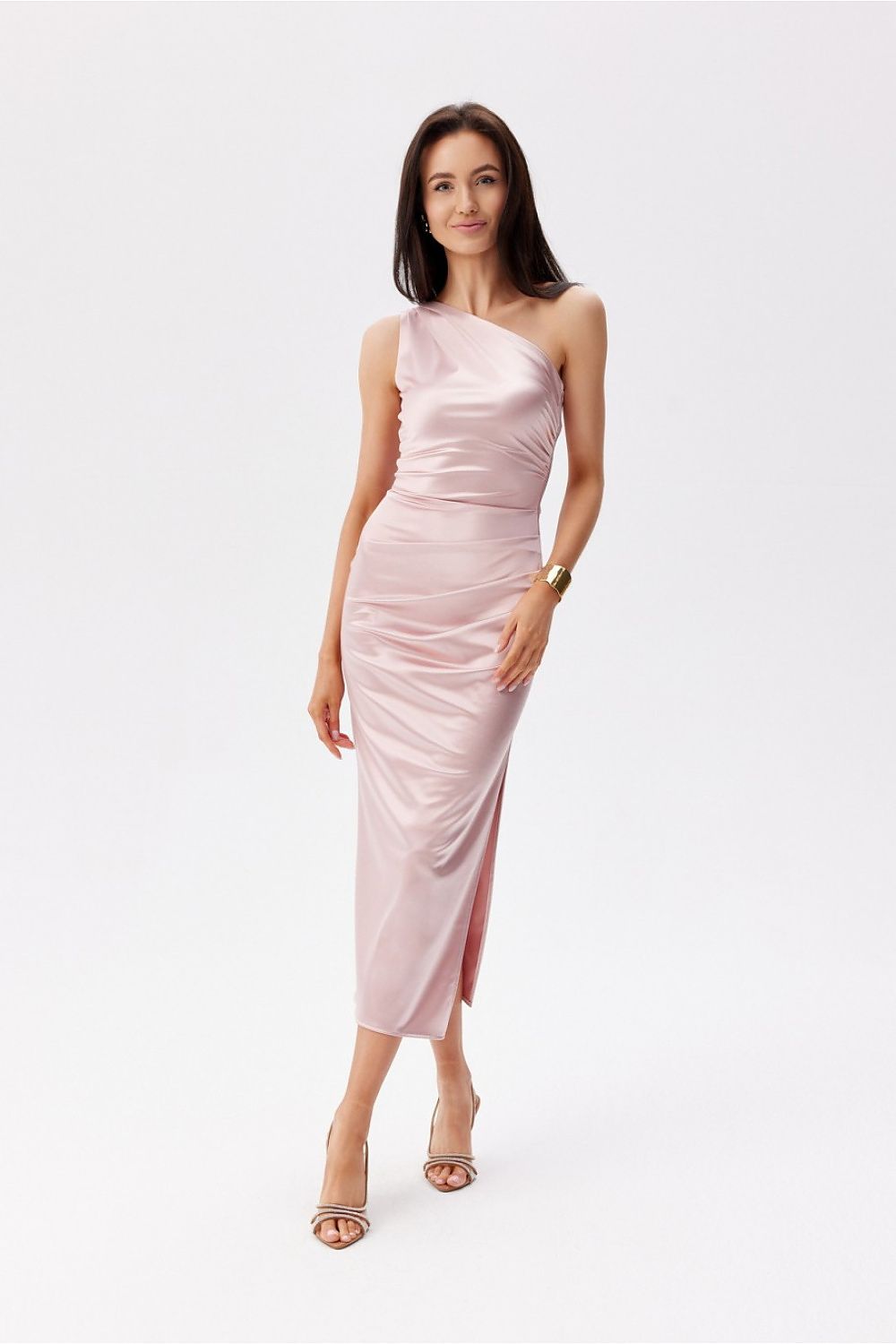 Roco Fashion Satin One-Shoulder Midi Dress pink
