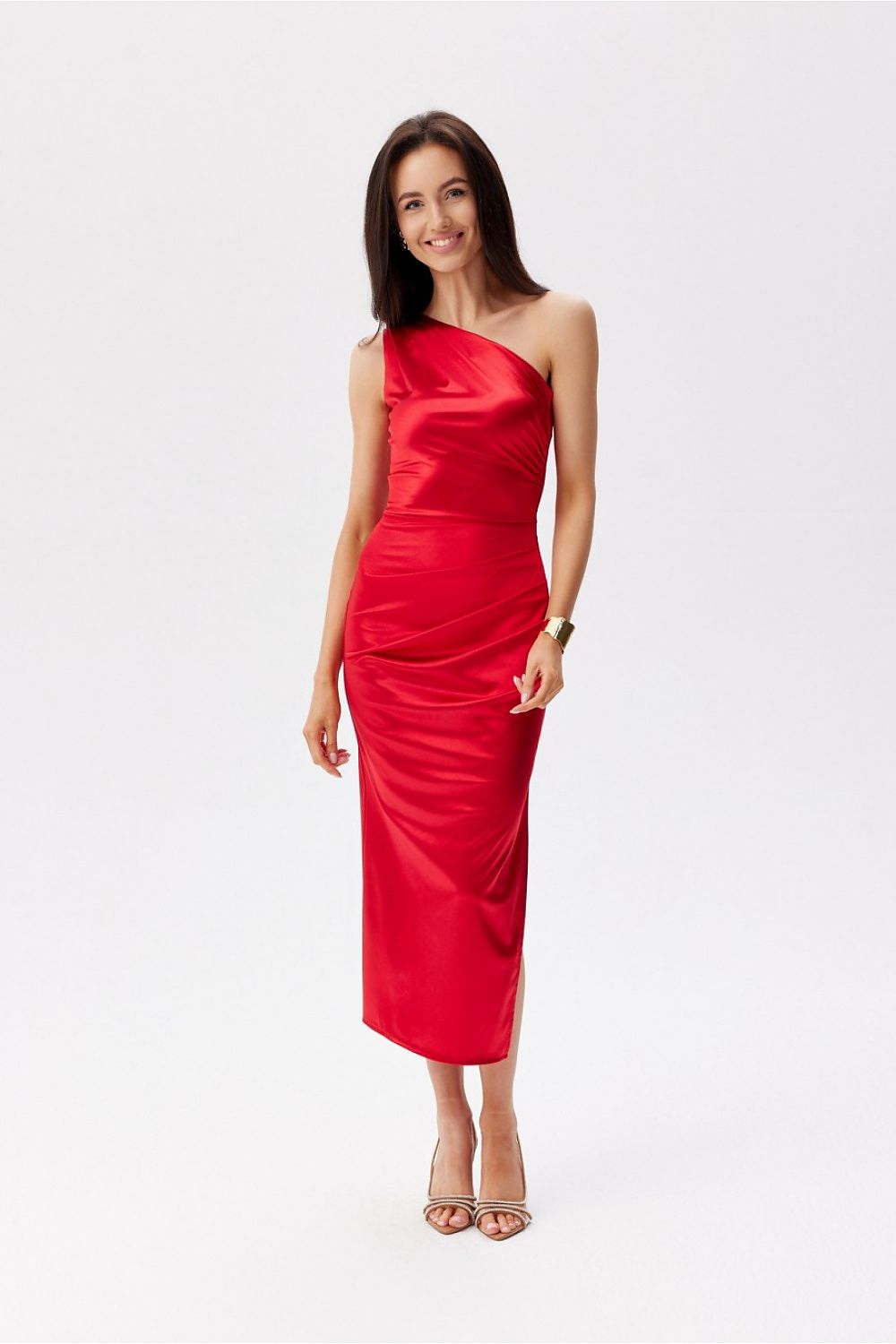 Roco Fashion Satin One-Shoulder Midi Dress red