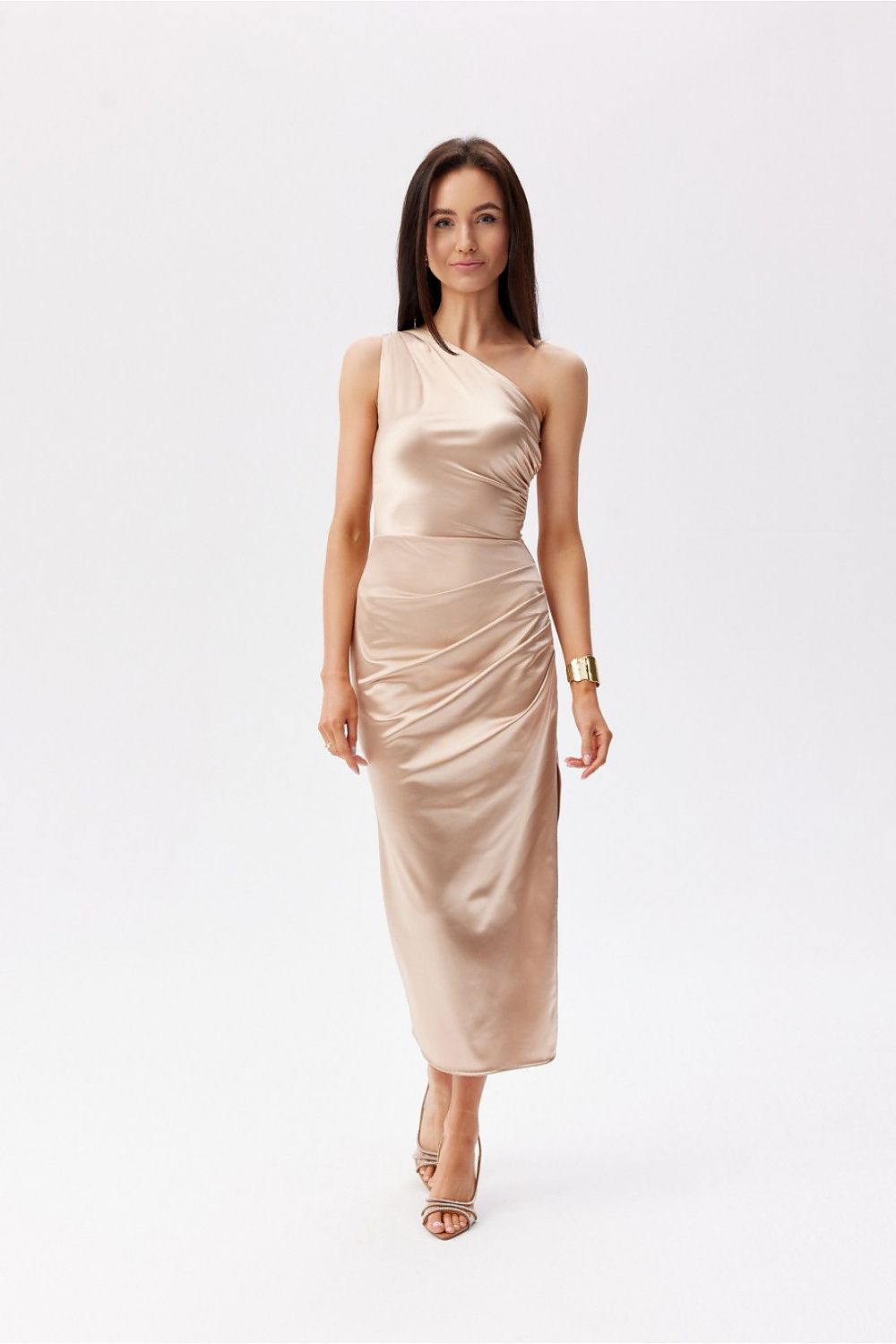 Roco Fashion Satin One-Shoulder Midi Dress beige