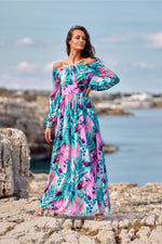 Roco Fashion Spanish Maxi Dress with Open Shoulders and Leg Cutout multicolor 4
