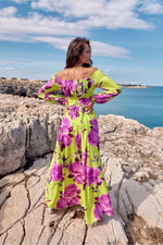Roco Fashion Spanish Maxi Dress with Open Shoulders and Leg Cutout