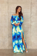 Roco Fashion Spanish Maxi Dress with Open Shoulders and Leg Cutout