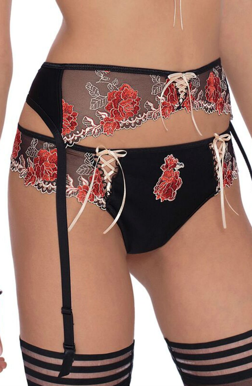 Roza Natali Black & Red Floral Embroidered Thong