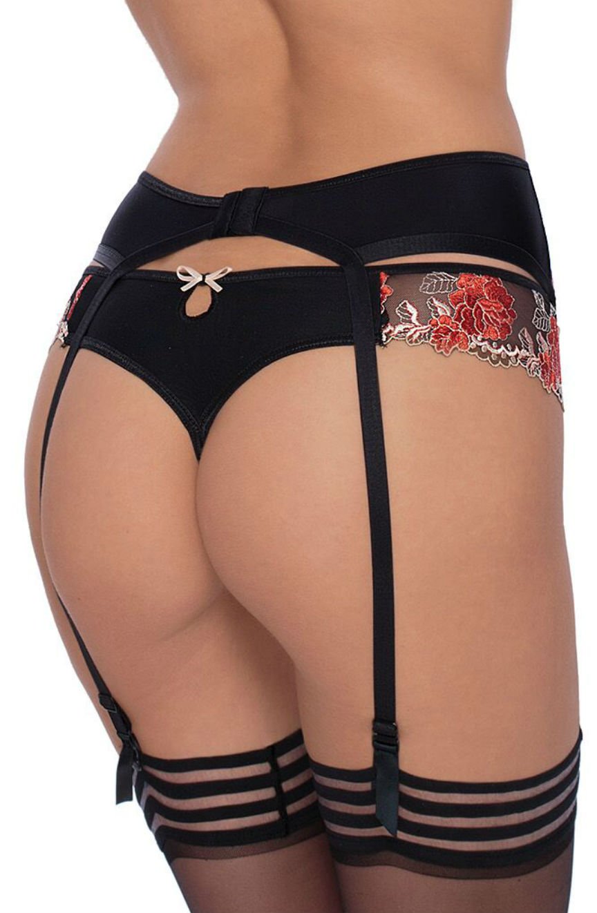 Roza Natali Black & Red Floral Embroidered Thong