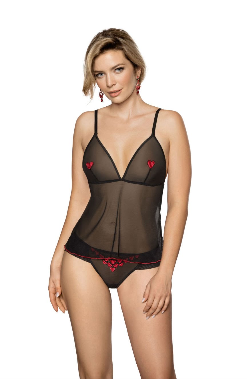 Roza Rubii Sheer Tulle Black & Red Heart Embroidered Briefs