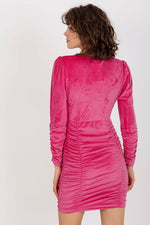 Rue Paris Velour Long-Sleeve Evening Dress with Decorative Creases