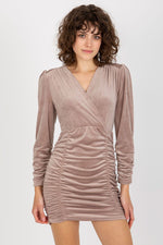 Rue Paris Velour Long-Sleeve Evening Dress with Decorative Creases beige
