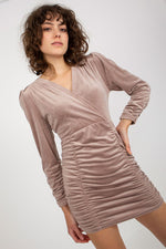 Rue Paris Velour Long-Sleeve Evening Dress with Decorative Creases