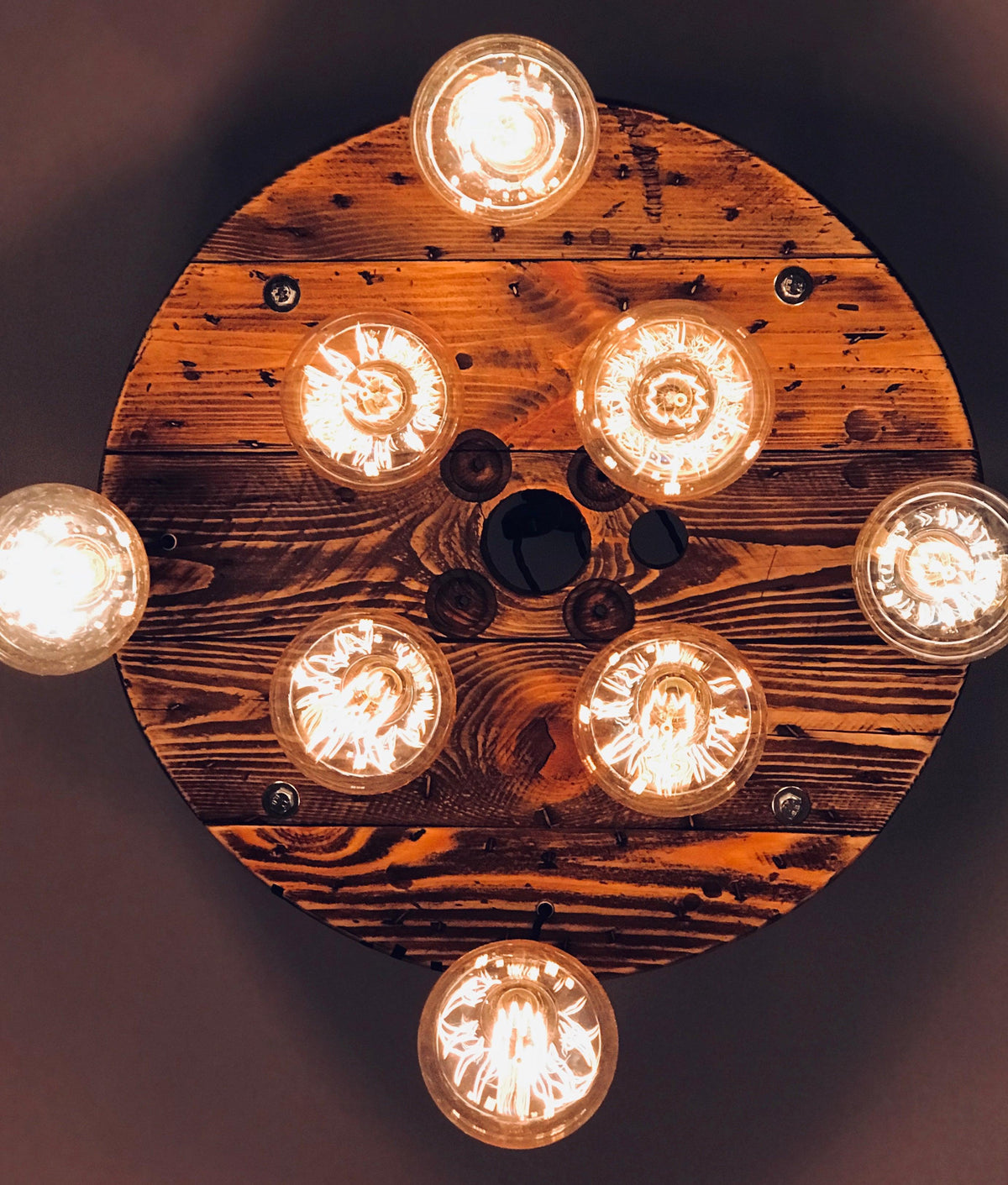 Rustic Industrial Cable Reel Cascade Chandelier 8 lamp holders