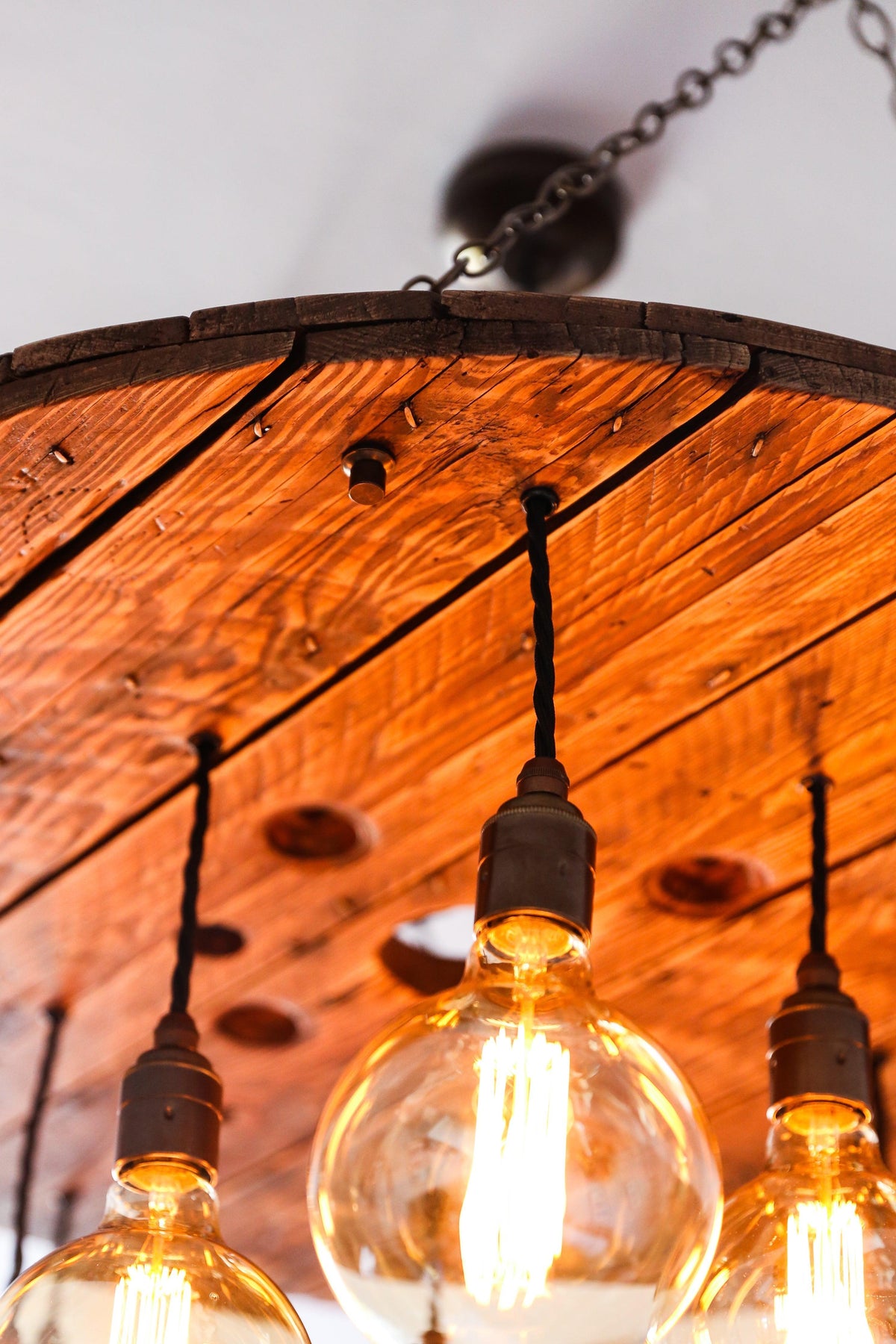 Rustic Industrial Cable Reel Cascade Chandelier