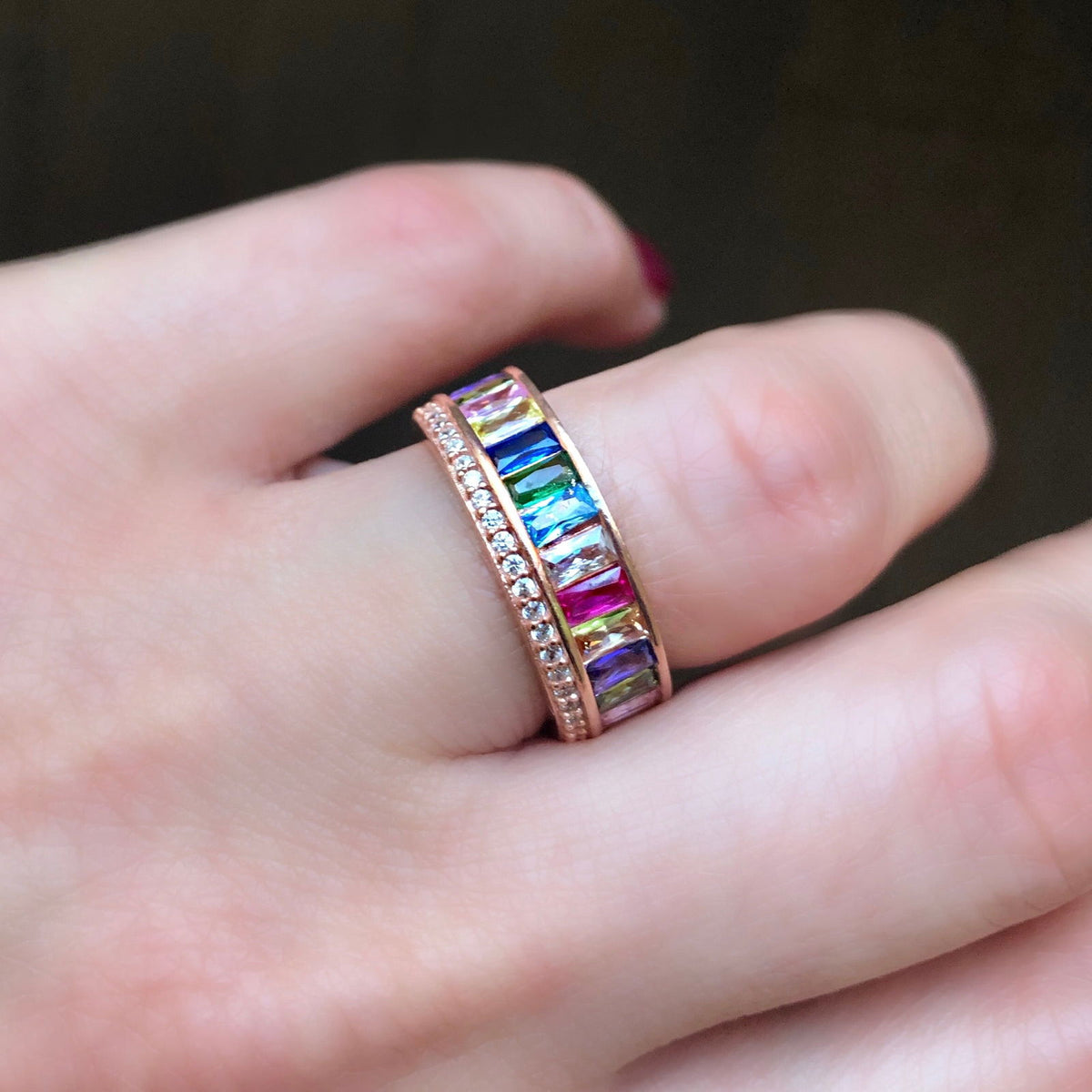 Sandwich rainbow ring with clear zircon Rose Gold Plated Silver Rainbow