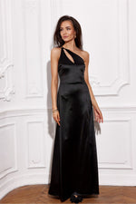 Satin Asymmetric Cut Long Maxi Occasion Dress | Roco Fashion black